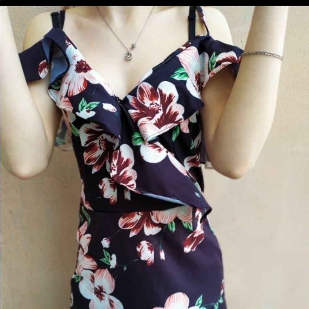 Black Floral Ruffle Off Shoulder Mini Dress NEW - Picture 7 of 8